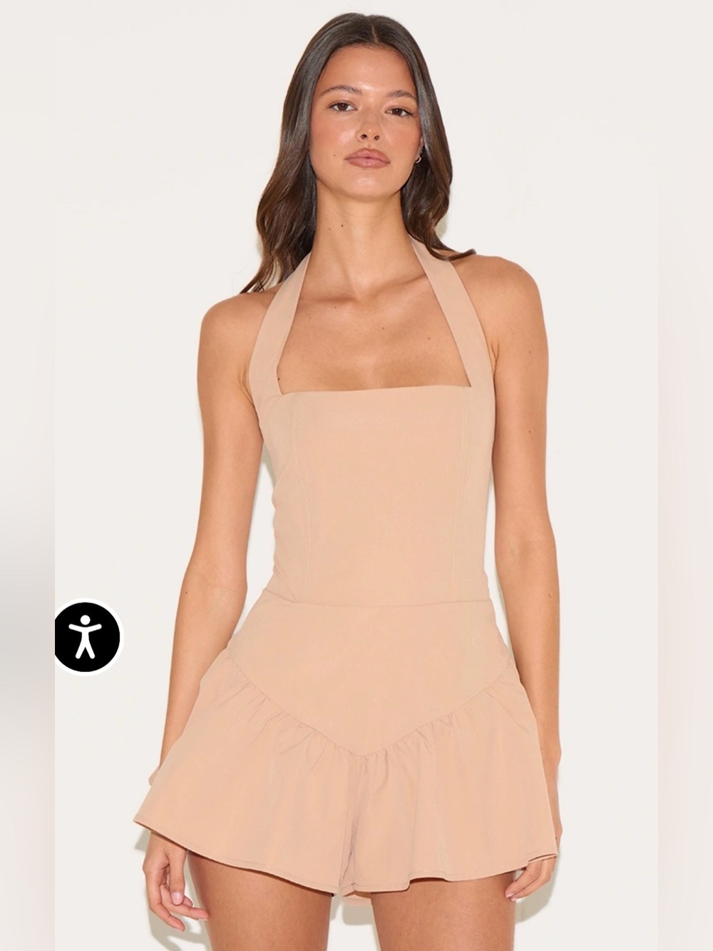 PrettyLittleThing Nude Halter One-Shoulder Ruffle Mini Dress